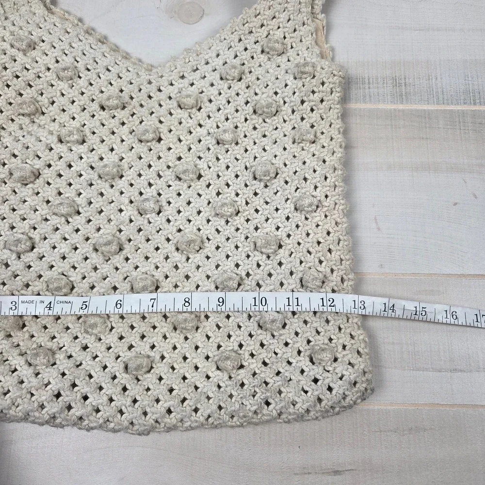 Vtg Mister Ernest Handbag Macrame Crochet Tote Bag Bamboo Wood Handle Cream Boho